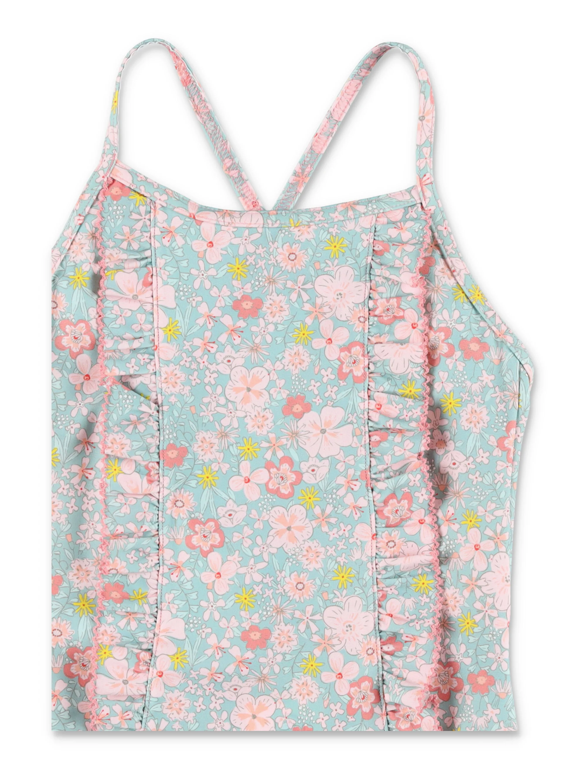 Biquíni Uma Peça Infantil Floral Petit Bateau Azul/Multicolor Em Poliamida