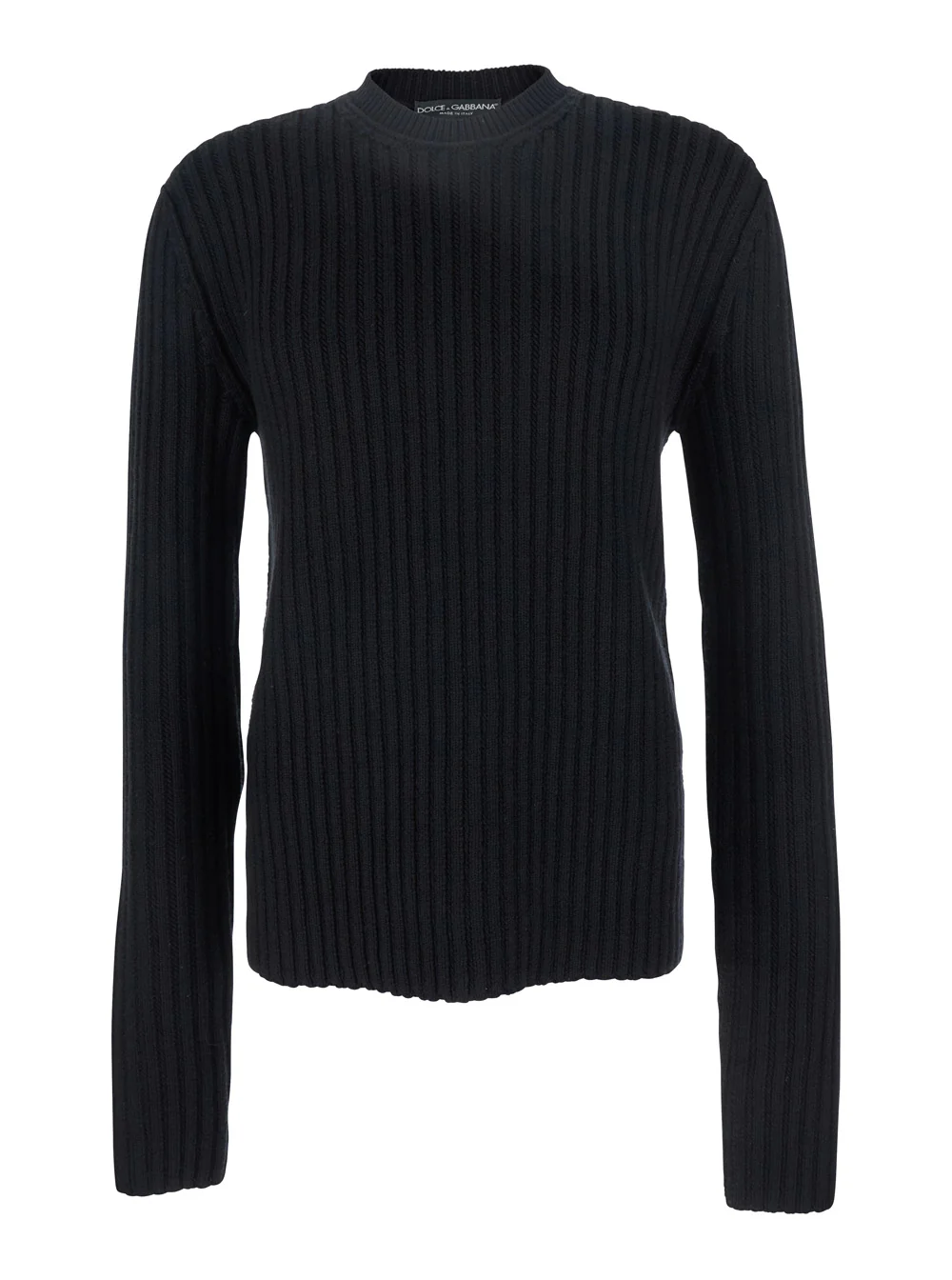 Suéter de Malha com Gola Redonda e Patch com Logotipo nas Costas em Jersey de Lã Virgem Preto Dolce & Gabbana