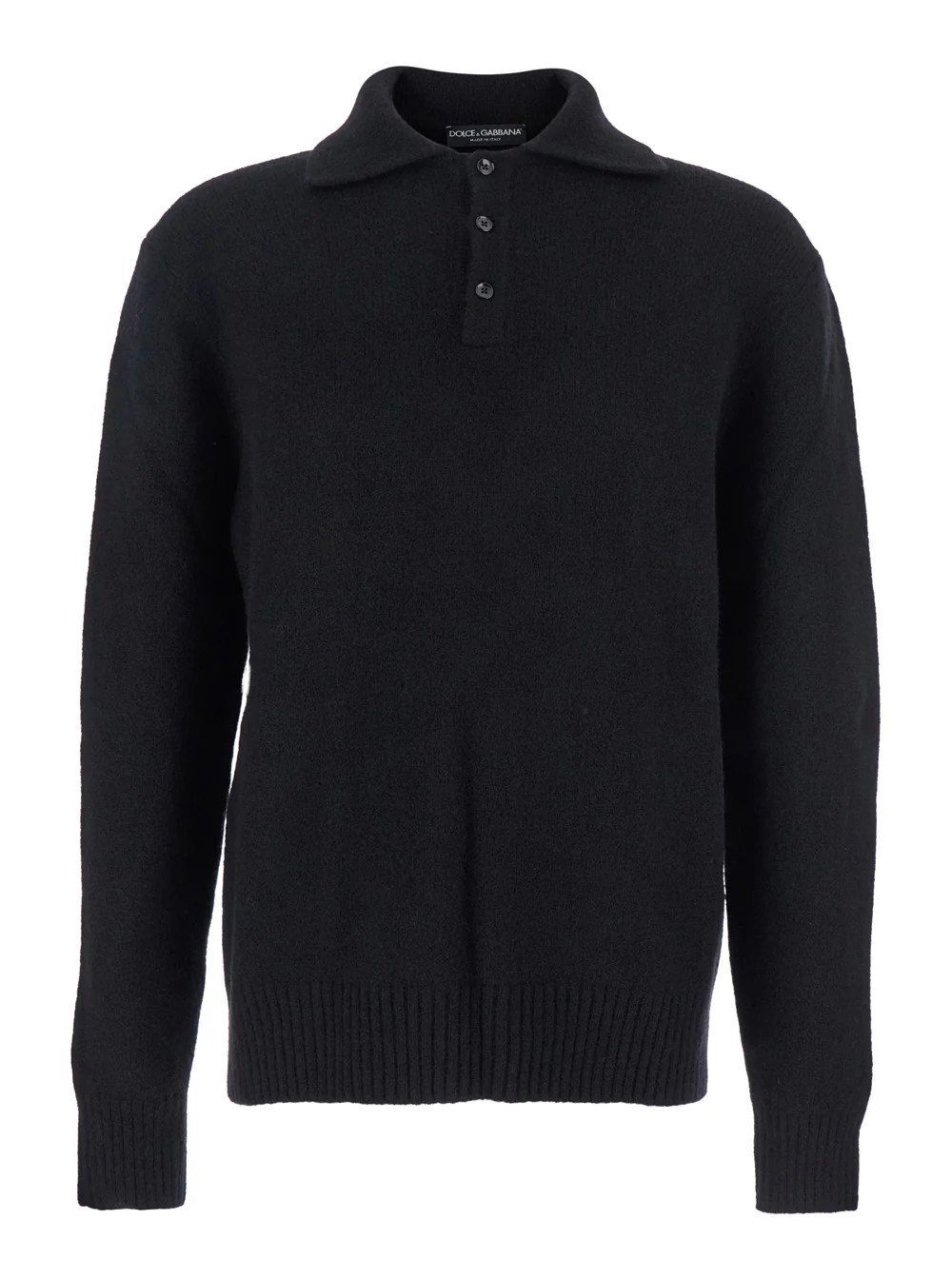 Suéter Preto Dolce & Gabbana com Gola Polo e Patch de Logotipo nas Costas em Malha de Lã e Poliamida