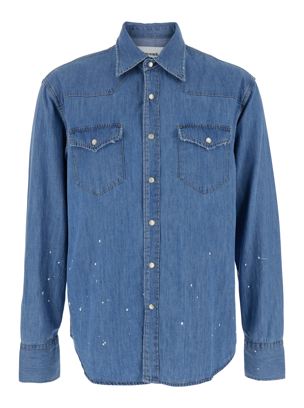 Camisa Azul Claro Tonywack com Gola Clássica e Detalhes Pintados à Mão em Todo o Tecido em Blusas de Algodão Azul Jeans