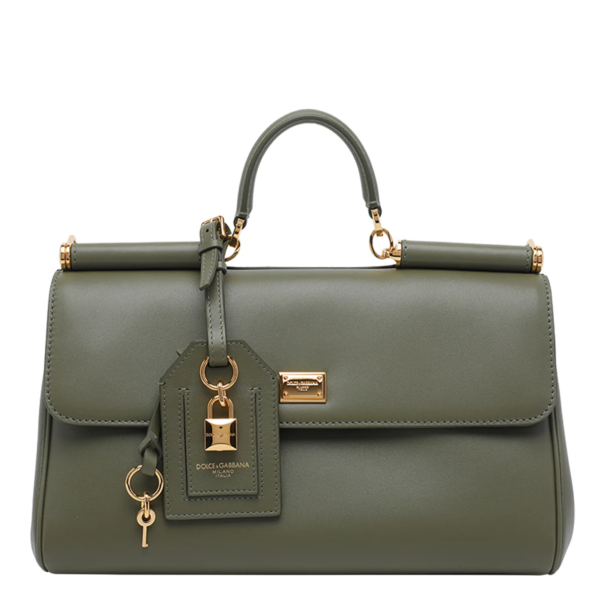 Bolsa de Mão My Sicily Verde Militar Dolce & Gabbana, fechadura push-lock, bolsinho externo com zíper, bolsinho interno com zíper, bolsinho interno aberto, alça de ombro ajustável e removível. Composição: couro de vitela 100%