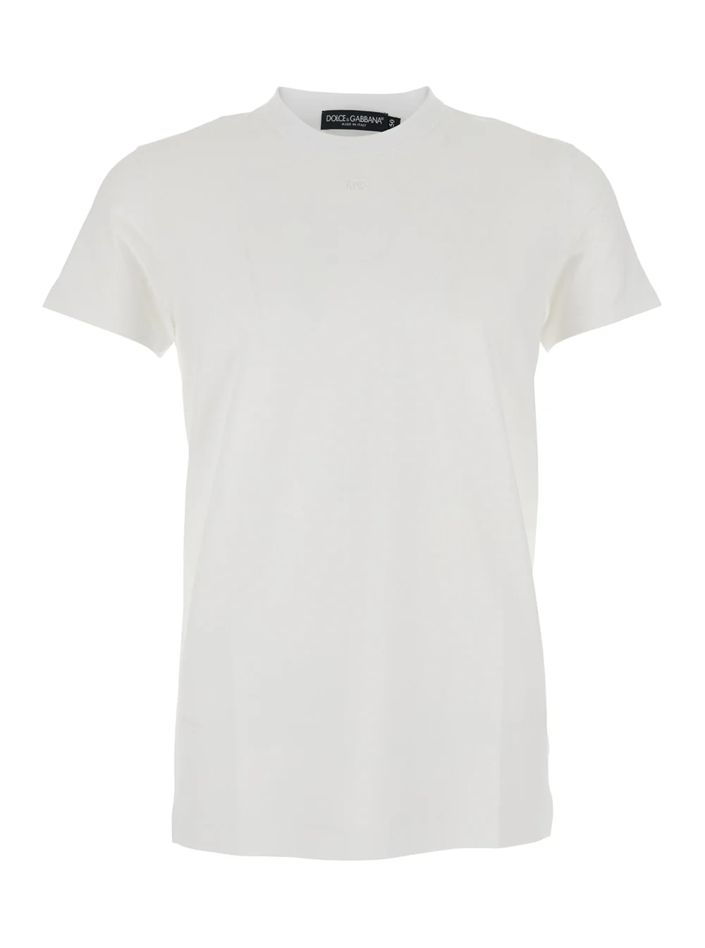 Camiseta Branca com Gola Redonda Dolce & Gabbana com Bordado de Letras de Logotipo em Tom com o Mesmo Tom na Frente em Camisetas de Algodão com Elastano para Homem e Camisetas Polo