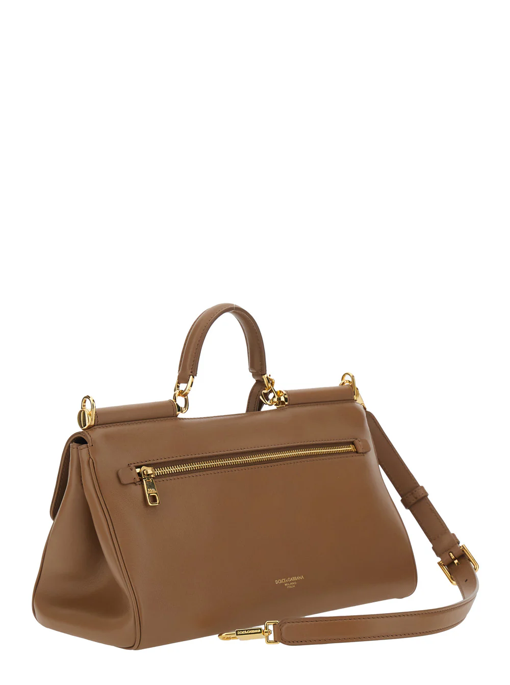 Bolsa Média Marrom Dolce & Gabbana My Sicily com Detalhe de Fechadura e Alça Ajustável Removível em Couro para Mulheres Bolsas de Mão de Calf Pvc
