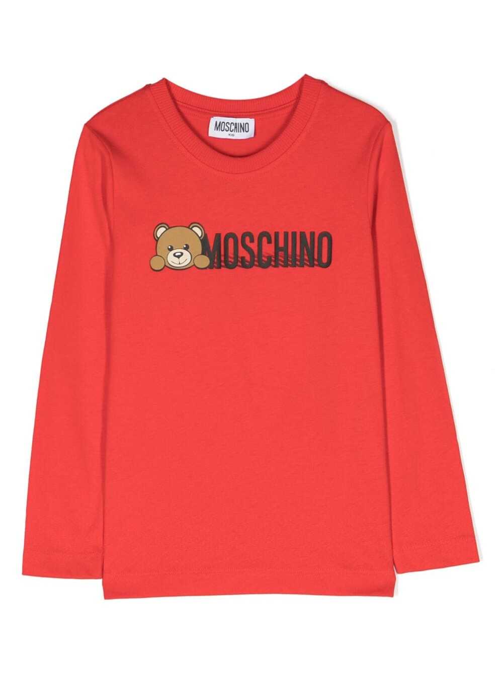 Camiseta Vermelha Moschino Kids com Mangas Compridas e Estampa de Logotipo Contraste Camisetas de Menino de Algodão Camisetas Polo