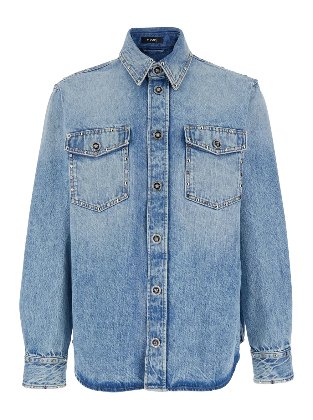 Camisa Versace Light Blue com Gola Clássica e Dois Bolsos de Bolso na Frente em Denim para Homens Blusas de Algodão