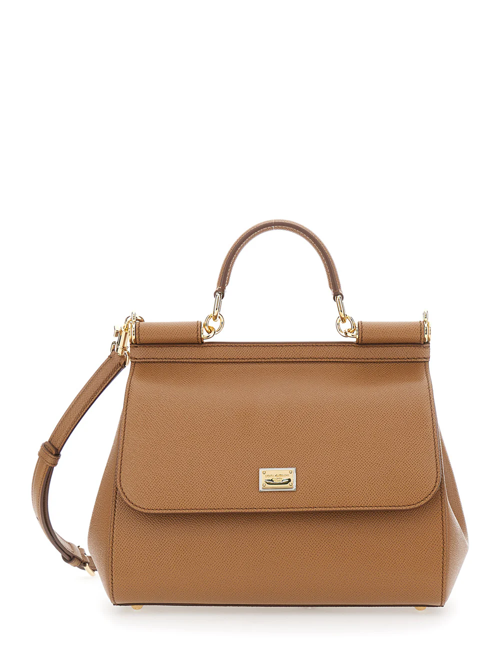 Bolsa Dolce & Gabbana My Sicily Média com Placa de Logotipo na Frente Couro Granulado Marrom para Mulher Bolsas de Mão