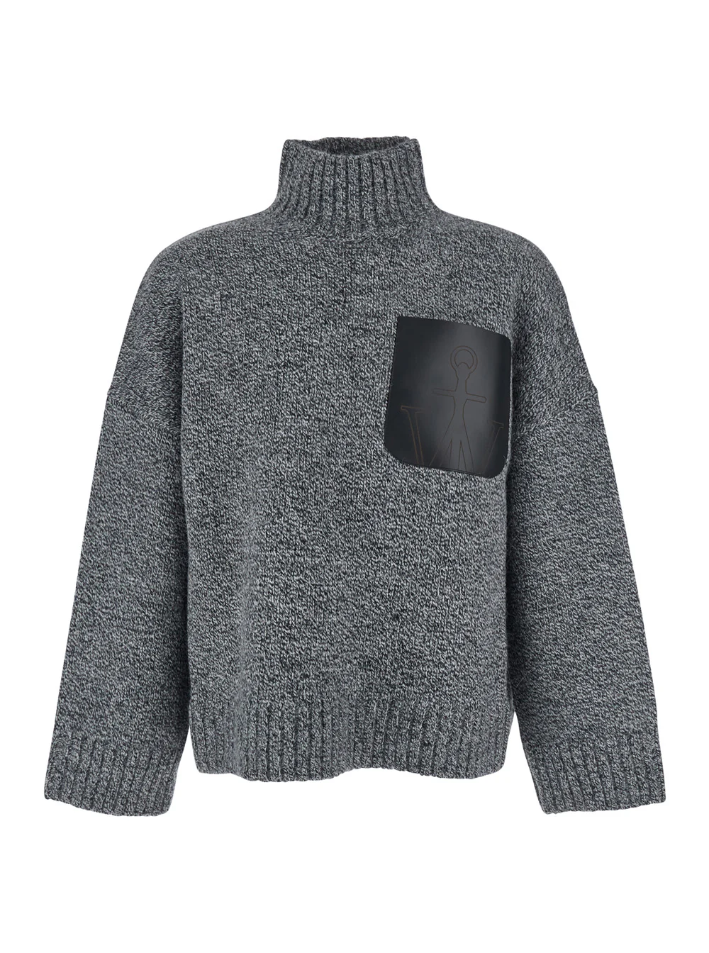 Suéter Cinza JW Anderson com Gola Alta e Bolsa de Couro em Patch na Frente em Malha de Lã