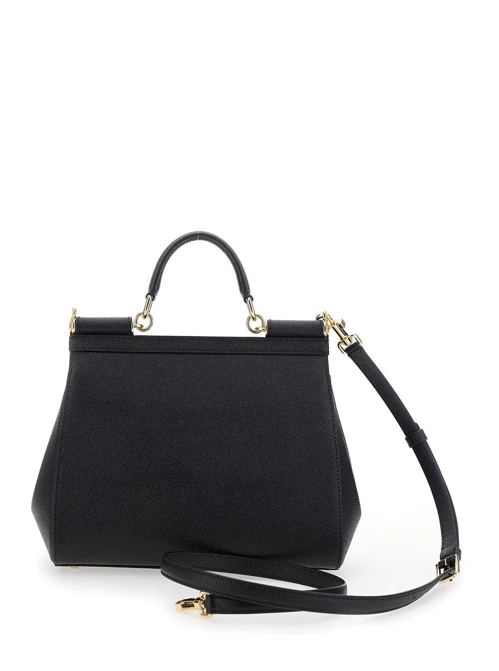 Bolsa Dolce & Gabbana Sicília Média com Placa de Logotipo na Frente Couro Granulado Preto Mulher Algodão Couro de Novilho Bolsas de Mão
