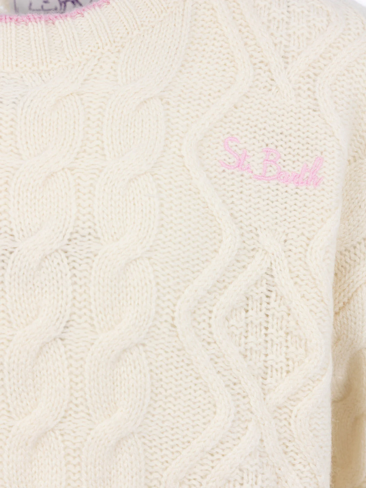 Mc2 Saint Barth Girl Sweater de Malha de Cabo Ondulado Branco Gretta com Detalhes em Contraste