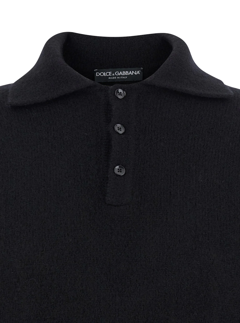 Suéter Preto Dolce & Gabbana com Gola Polo e Patch de Logotipo nas Costas em Malha de Lã e Poliamida