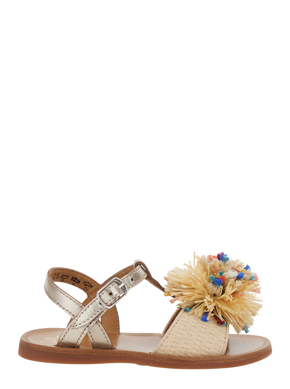 Sandalhas Pom D'Api Kids Gold Laminado de Ráfia com Pompom - Sapatos Planos de Couro Bege e Tecido para Menina