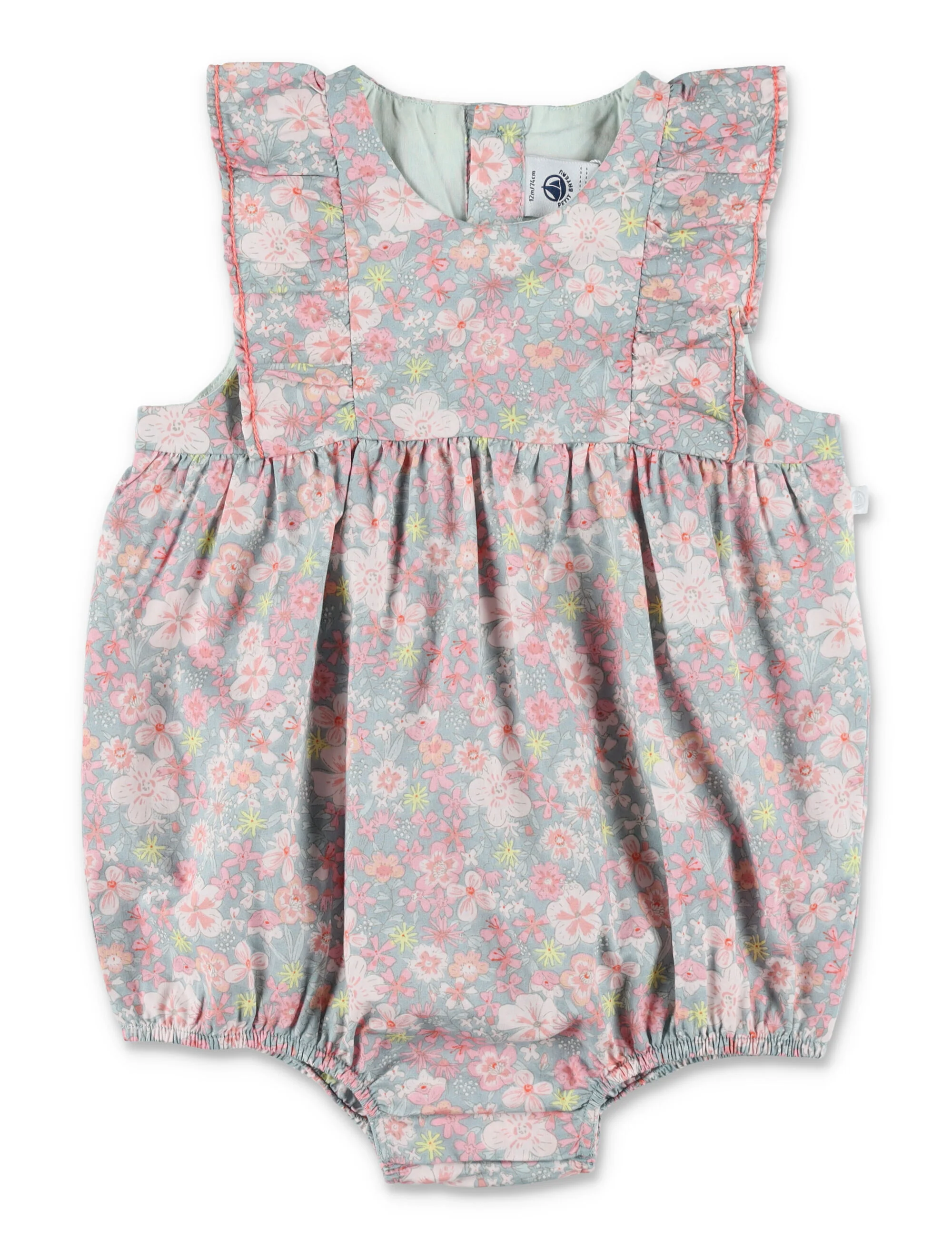Macacão Floral Sem Mangas de Algodão Petit Bateau Azul/Multicolor