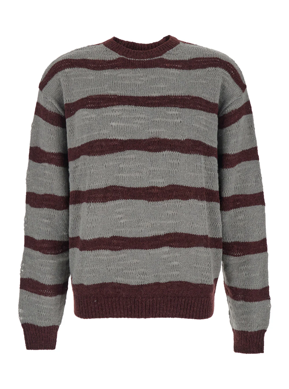 Suéter Cinza-Claro com Gola Redonda e Estampa de Listras em Todo o Tecido em Mistura de Lã Marrom Nylon Acrílico Alpaca Jersey Suéter Cinza-Claro com Gola Redonda e Estampa de Listras em Todo o Tecido em Mistura de Lã Marrom Nylon Acrílico Alpaca Jersey