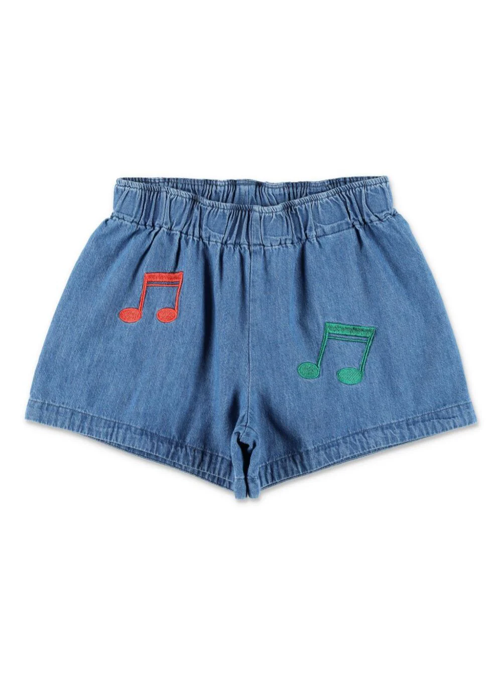 Calças Curtas Mini Rodini para Crianças Azuis com Cintura Elástica e Bordado de Notas Musicais na Frente, Bermuda de Algodão Azul para Meninas