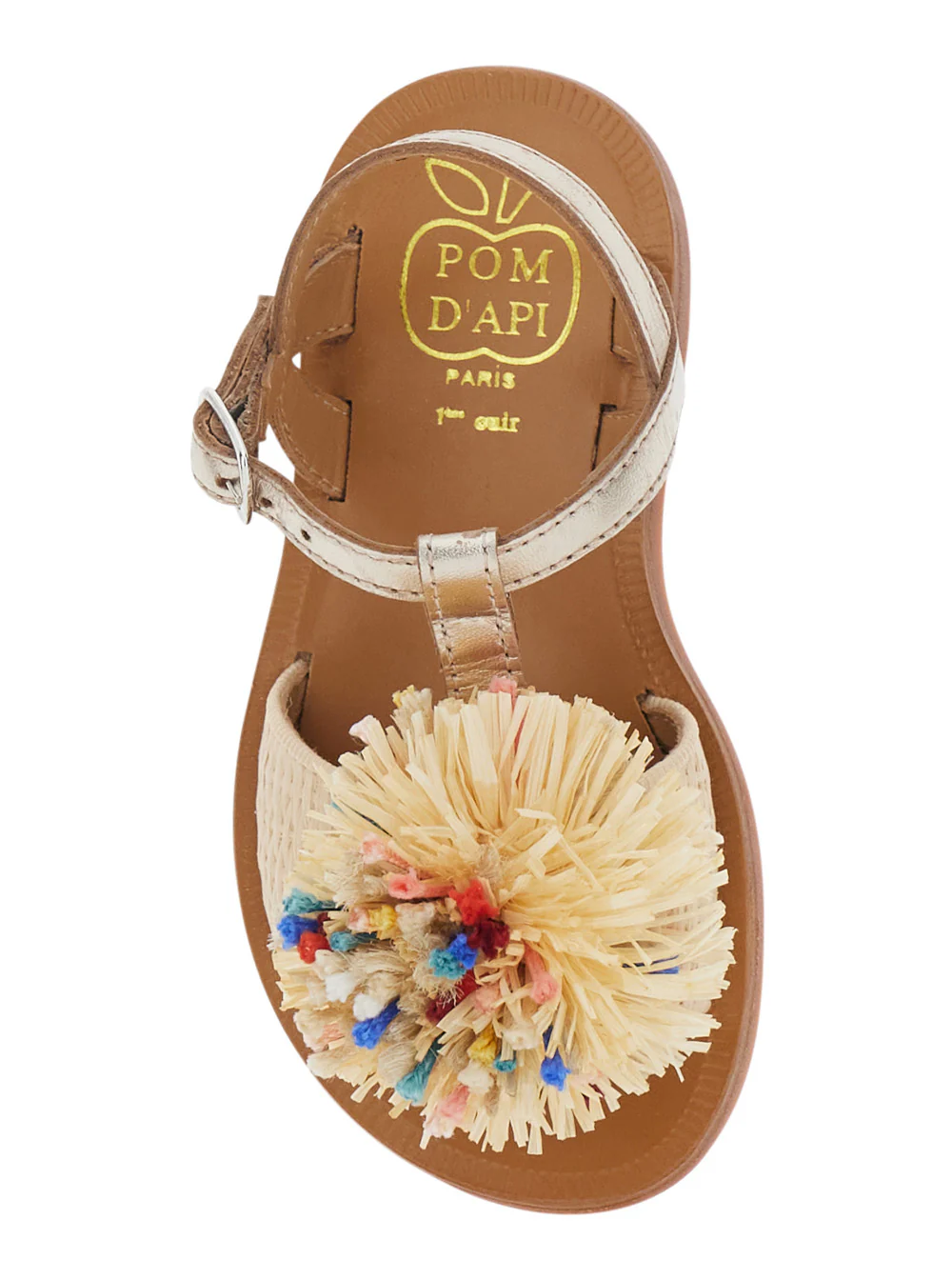 Sandalhas Pom D'Api Kids Gold Laminado de Ráfia com Pompom - Sapatos Planos de Couro Bege e Tecido para Menina