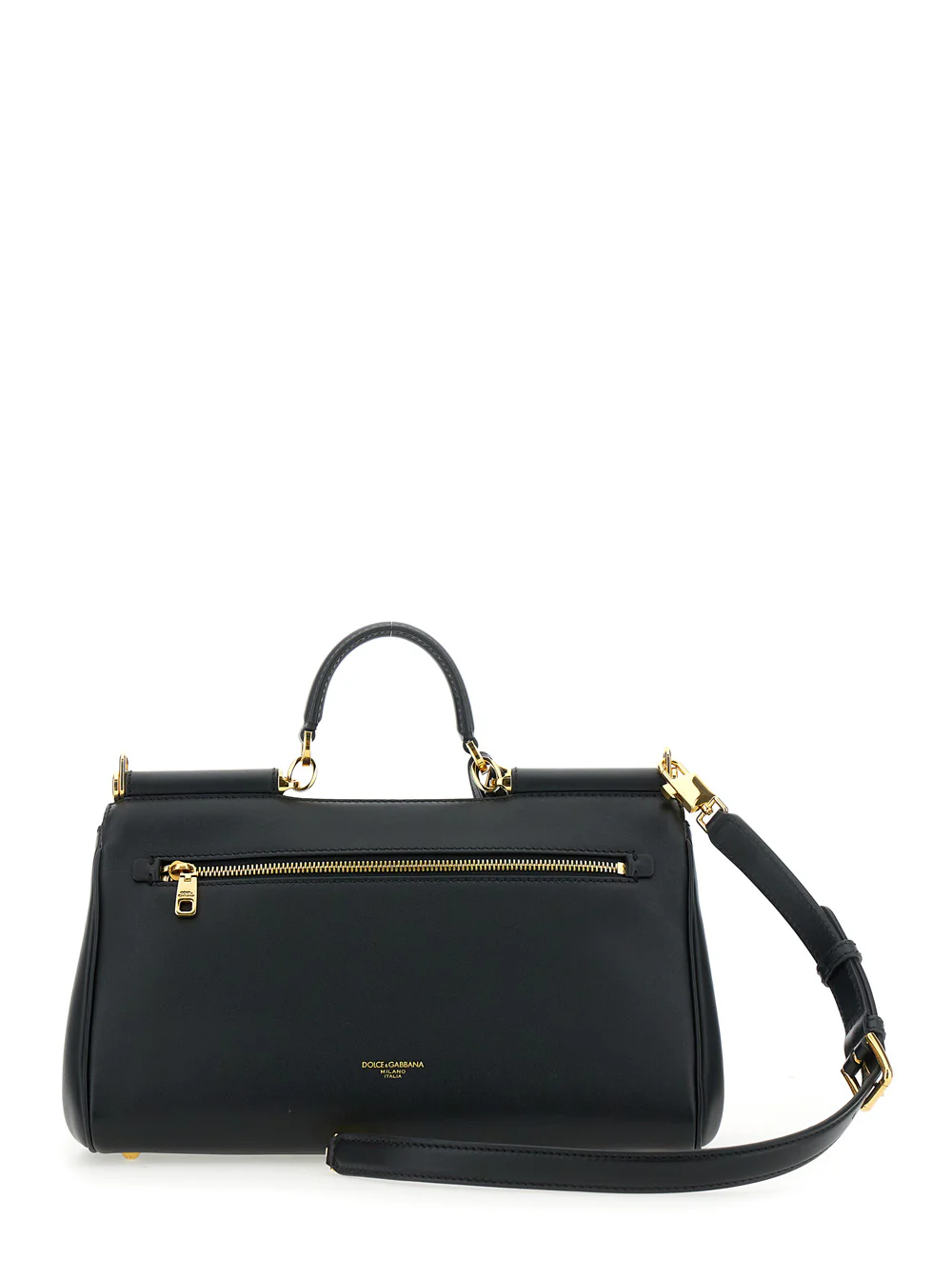 Bolsa de Mão Dourada & Gabbana My Sicily Preta Média com Detalhe de Fechadura e Alça de Ombro de Couro Ajustável Removível para Mulher Bolsas de Mão de Couro de Vitela PVC