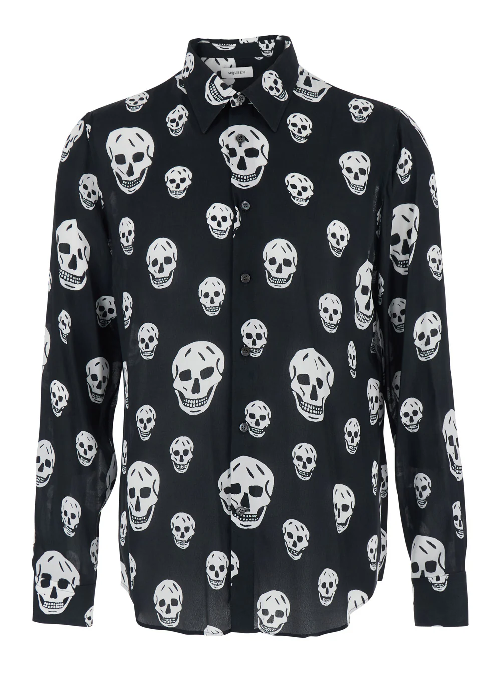 Camisa Masculina Alexander McQueen com Gola Pontiaguda Preta com Estampa de Caveira em Todo o Modelo de Viscose e Blusas Camisa Masculina Alexander McQueen com Gola Pontiaguda Preta com Estampa de Caveira em Todo o Modelo de Viscose e Blusas