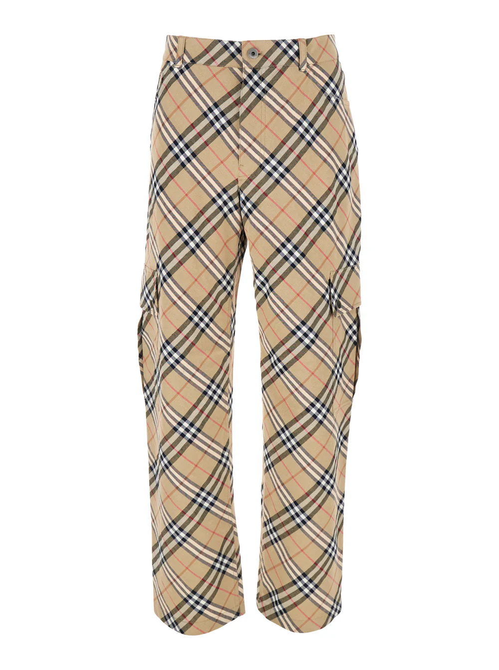 Calças Cargo Bege Burberry com Motivo de Xadrez Vintage em Mistura de Linho e Algodão com Elastano para Homem