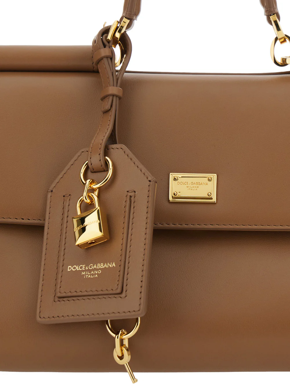 Bolsa Média Marrom Dolce & Gabbana My Sicily com Detalhe de Fechadura e Alça Ajustável Removível em Couro para Mulheres Bolsas de Mão de Calf Pvc