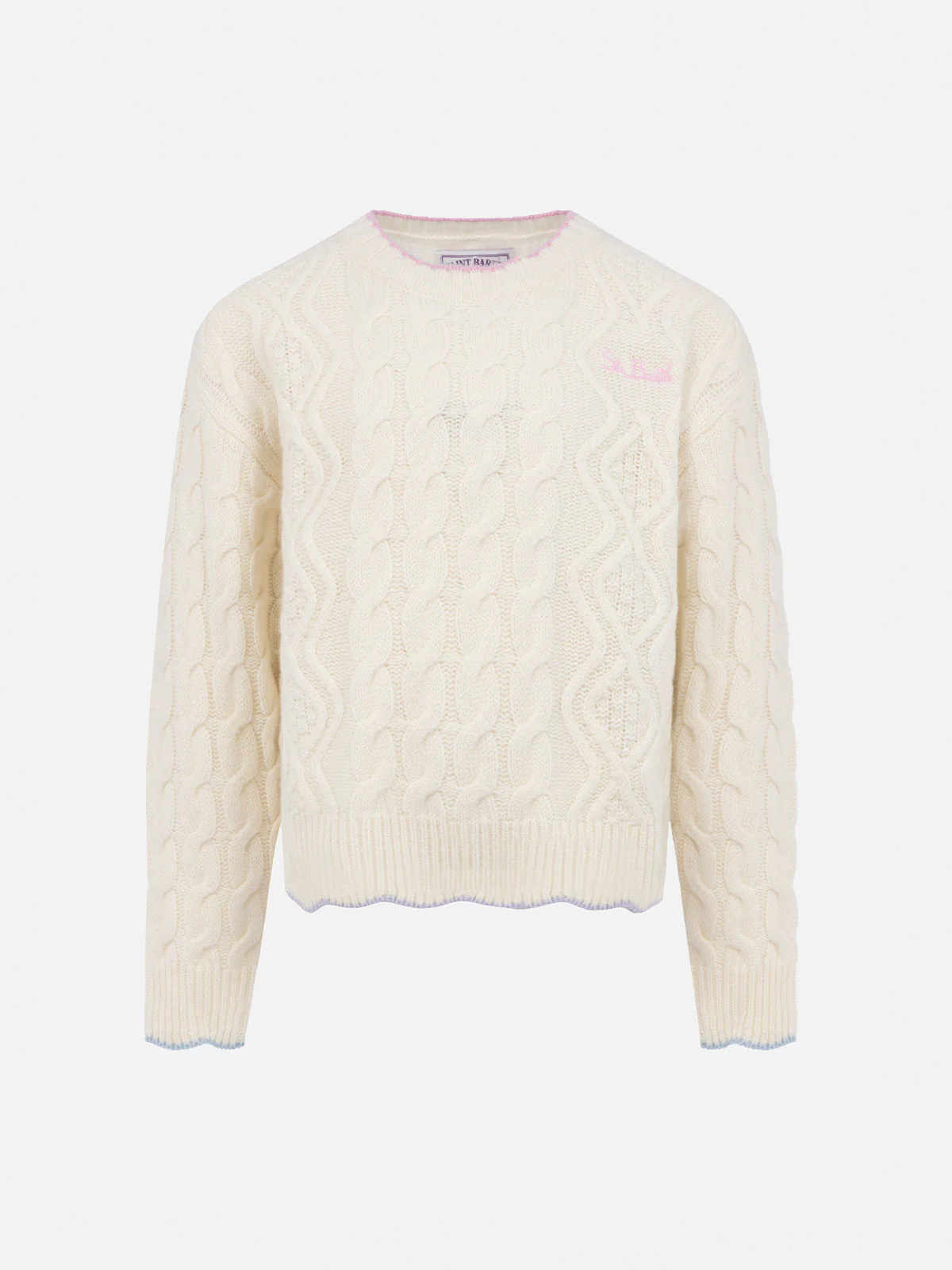Mc2 Saint Barth Girl Sweater de Malha de Cabo Ondulado Branco Gretta com Detalhes em Contraste