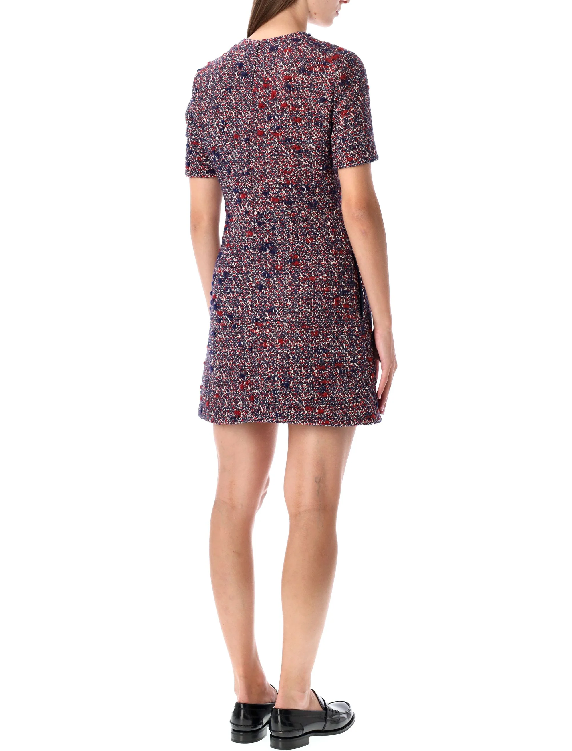 Vestido Mini de Manga Curta Tweed Gucci Azul Vermelho Multicolor Lã