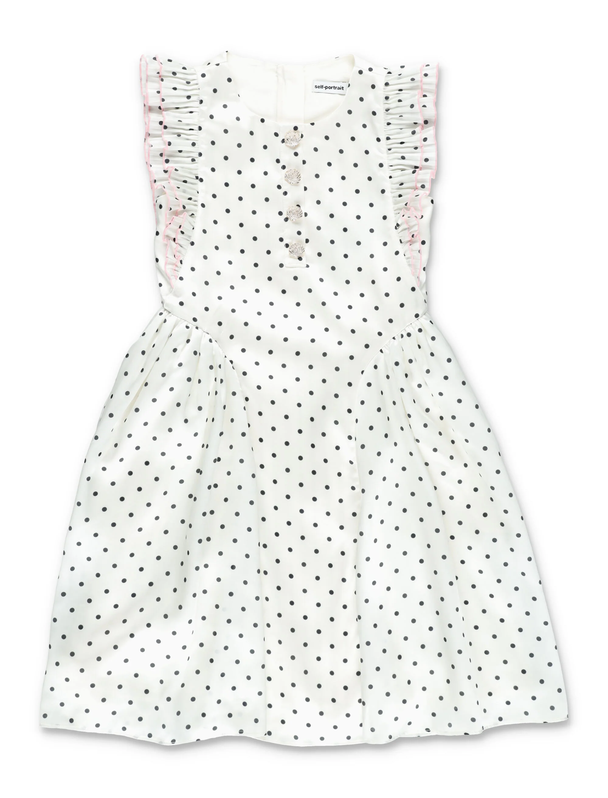 Vestido de Menina com Estampa de Bolinhas e Riscas em Creme, Forro de Poliéster