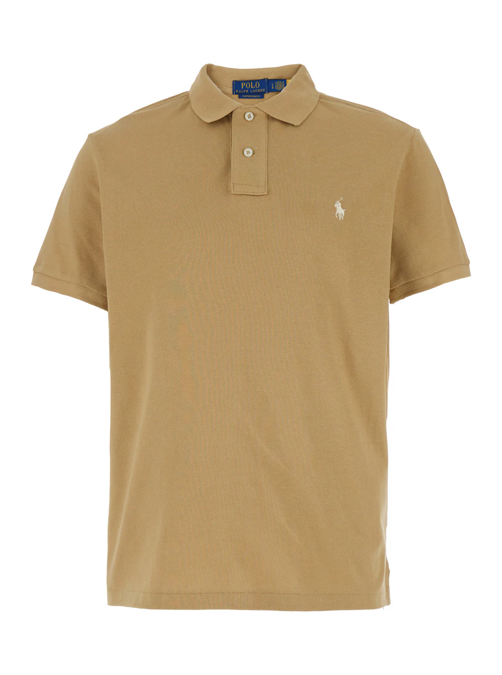 Polo Ralph Lauren Personalizado Slim Fit Bege com Gola Clássica e Bordado de Pônei na Frente em Camisetas de Algodão Camisas