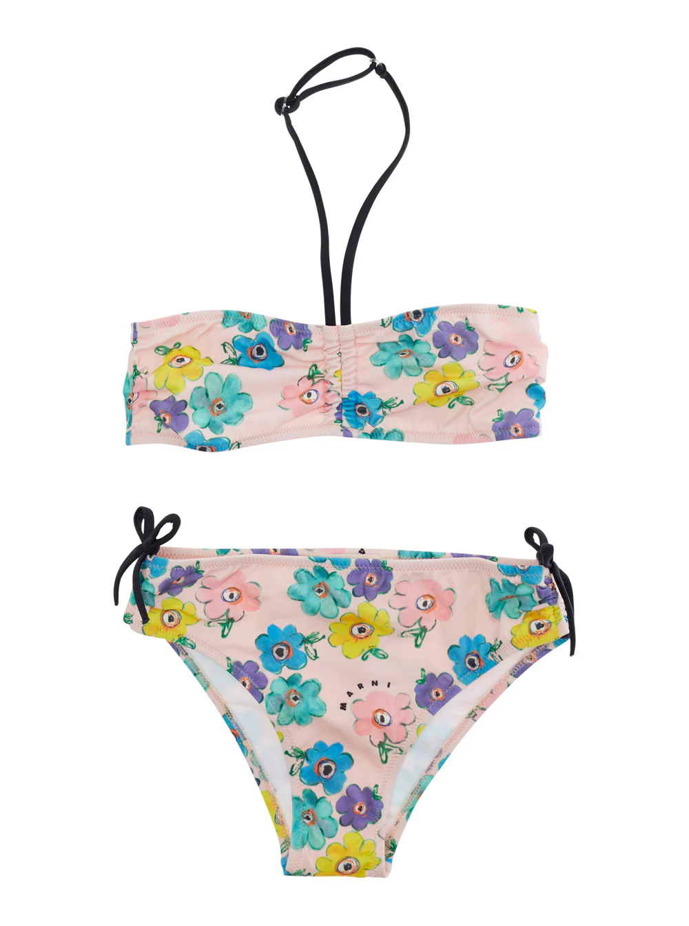 Biquíni Marni Kids para Meninas, Maiô Rosa com Detalhes Coloridos em Tecido Técnico, Roupas de Praia de Poliéster Elastano