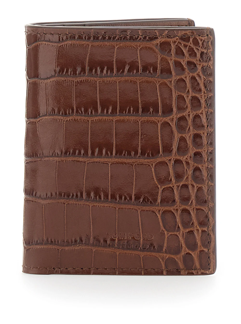 Porta-cartões dobrável Tom Ford efeito crocodilo em couro marrom para homens produtos de vitela