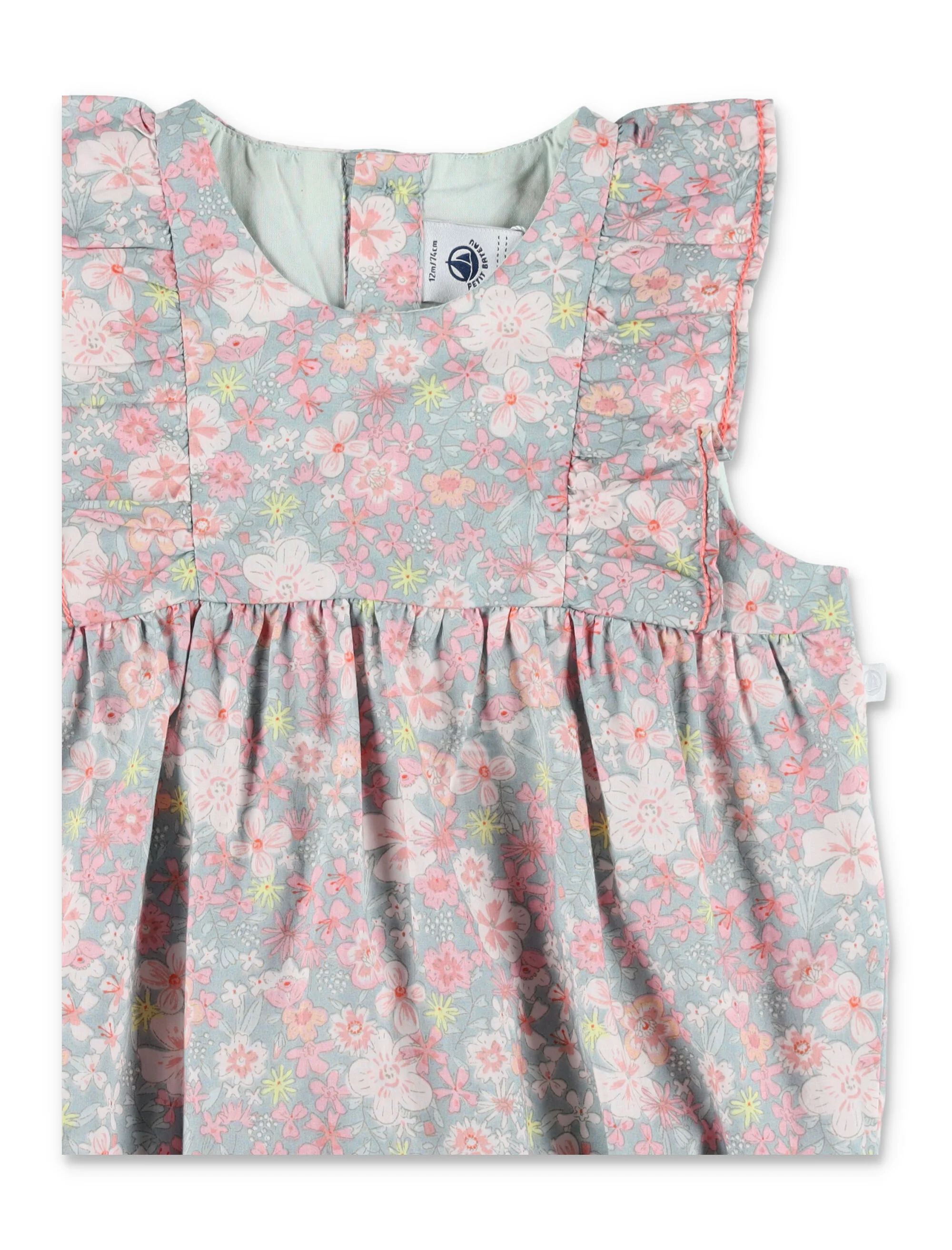 Macacão Floral Sem Mangas de Algodão Petit Bateau Azul/Multicolor