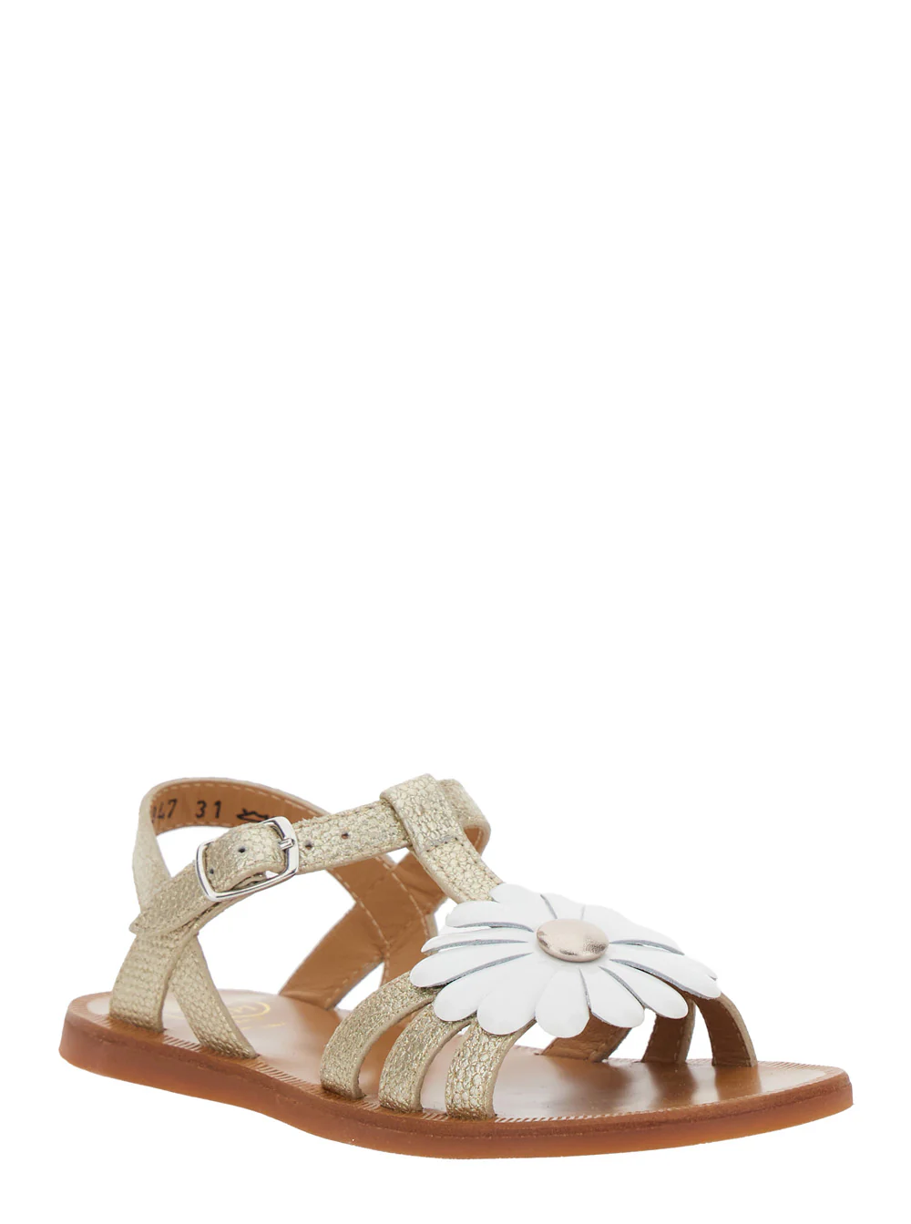 Sandalhas Plagette Metálicas com Dedo Aberto para Crianças Pom D'Api com Aplicação de Flor de Margarida na Frente em Sapatos Planos de Couro para Meninas