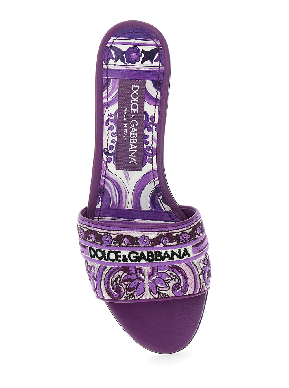 Sandalhas Dolce & Gabbana Violeta com Bordado de Logotipo na Parte da Frente e Motivo Majolica em Todo o Modelo em Sapatos Femininos de Couro de Cordeiro em Mistura de Algodão Sandalhas Dolce & Gabbana Violeta com Bordado de Logotipo na Parte da Frente e Motivo Majolica em Todo o Modelo em Sapatos Femininos de Couro de Cordeiro em Mistura de Algodão