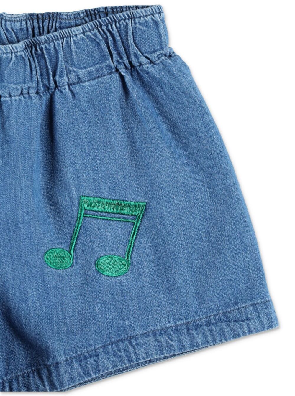 Calças Curtas Mini Rodini para Crianças Azuis com Cintura Elástica e Bordado de Notas Musicais na Frente, Bermuda de Algodão Azul para Meninas