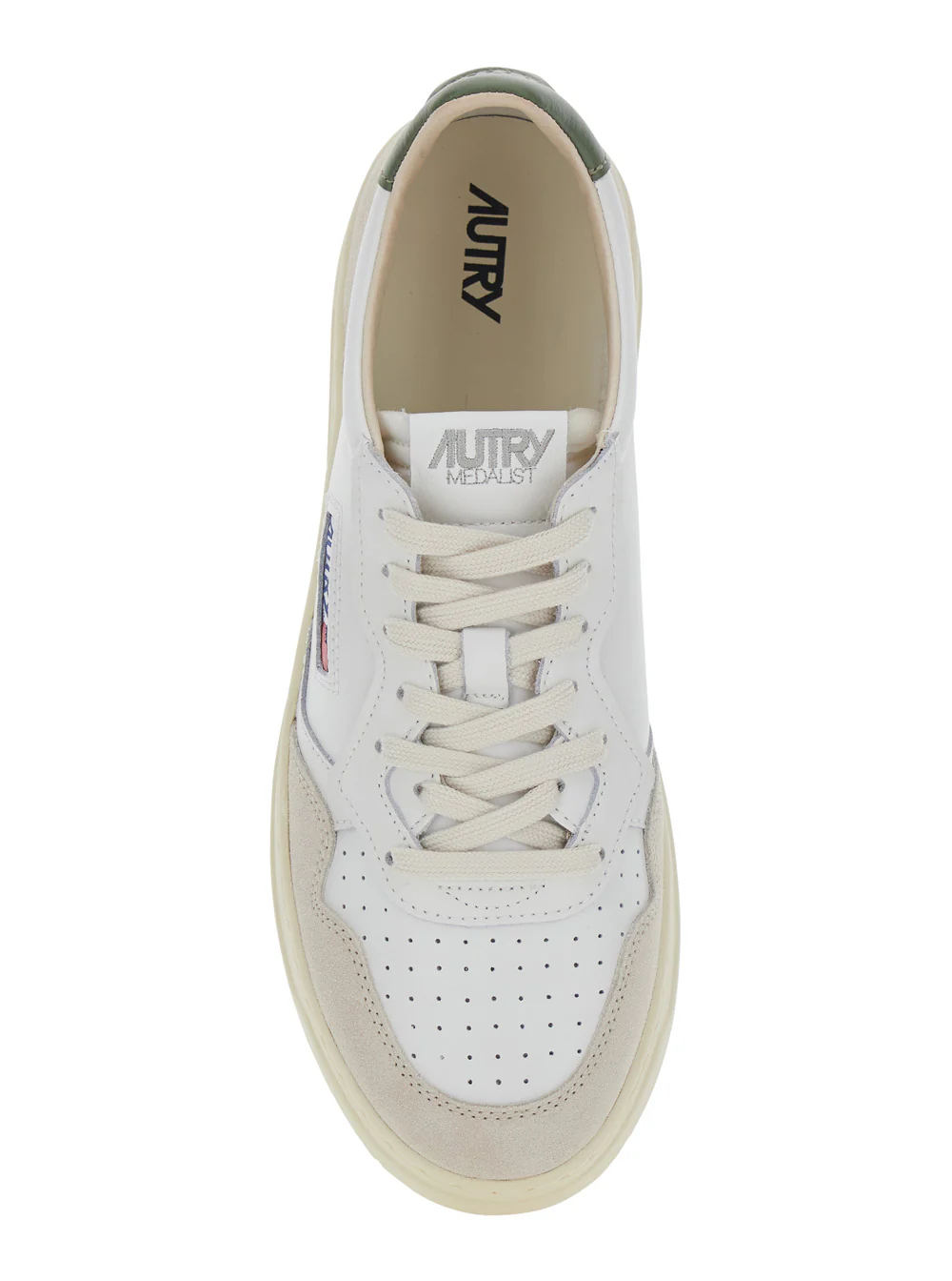Sapatilha Branca Autry Medalist Low com Detalhes em Bronze e Verde. Couro. Mulheres