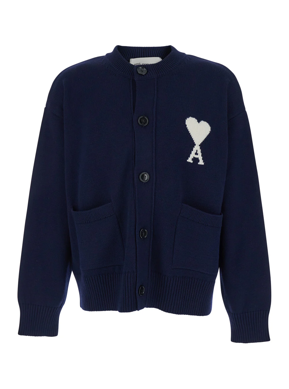 Jaqueta Ami Paris Azul com Gola Redonda e Logotipo Contraste ADC em Mistura de Lã e Algodão para Homens Azul Jersey