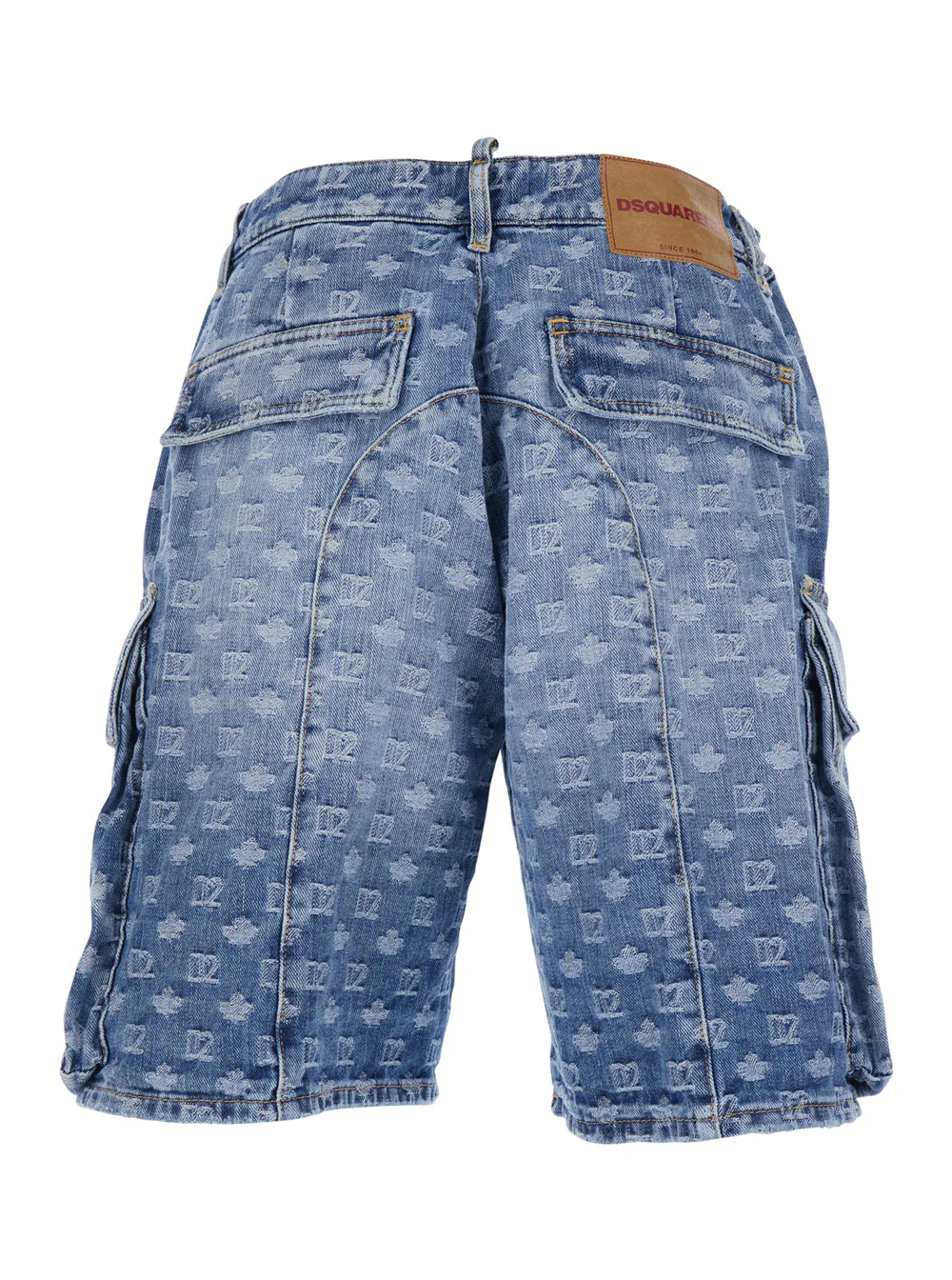 Calças Curtas Masculinas Dsquared2 Azuis de Denim com Logotipo Monograma em Todo o Modelo e Duas Bolsas de Cargo Azul Algodão Bermuda