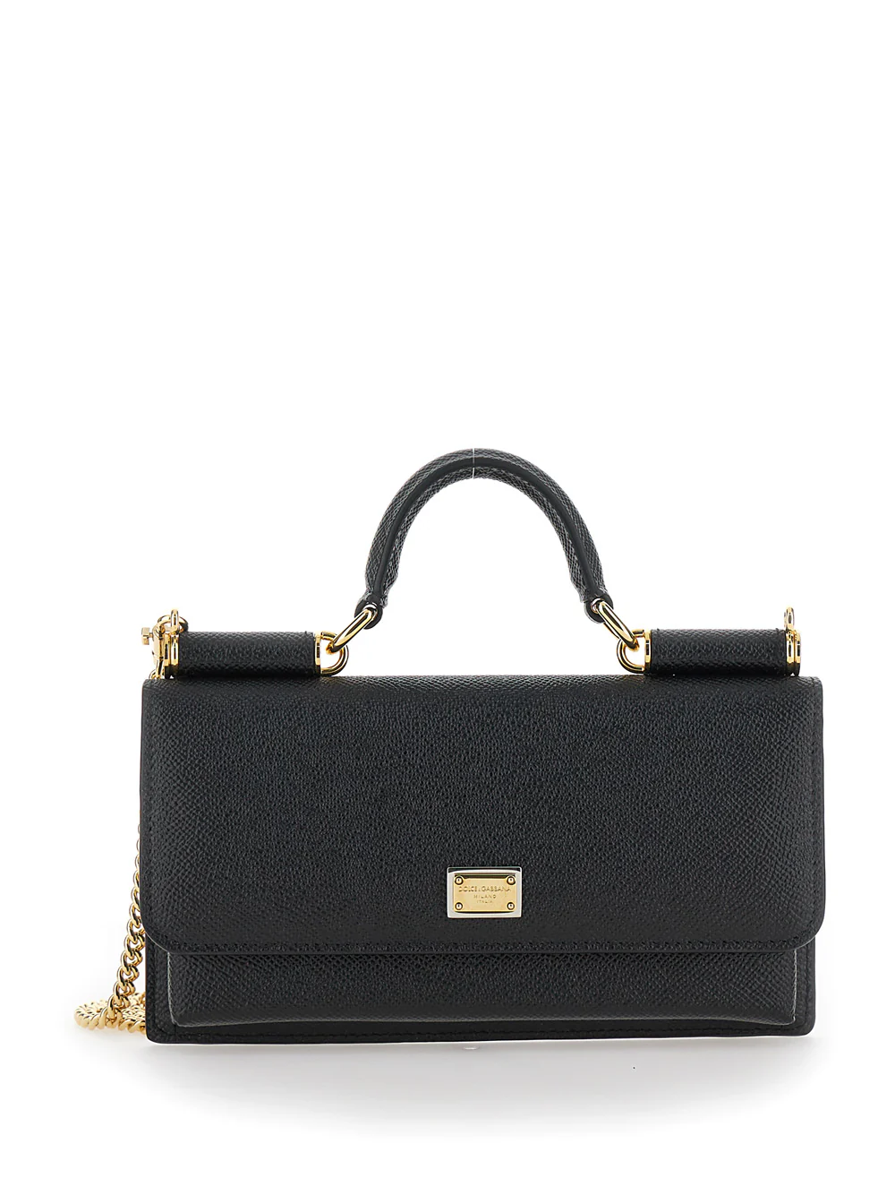 Bolsa Crossbody Dolce & Gabbana com Placa de Logotipo em Couro Grânulado Preto Mulher Calf Mini
