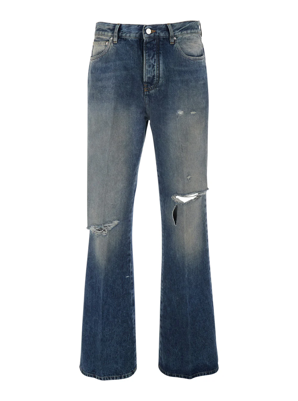 Calças Jeans Masculinas Azuis Amiri com Riscos na Frente e Patch de Logotipo nas Costas Azul Algodão